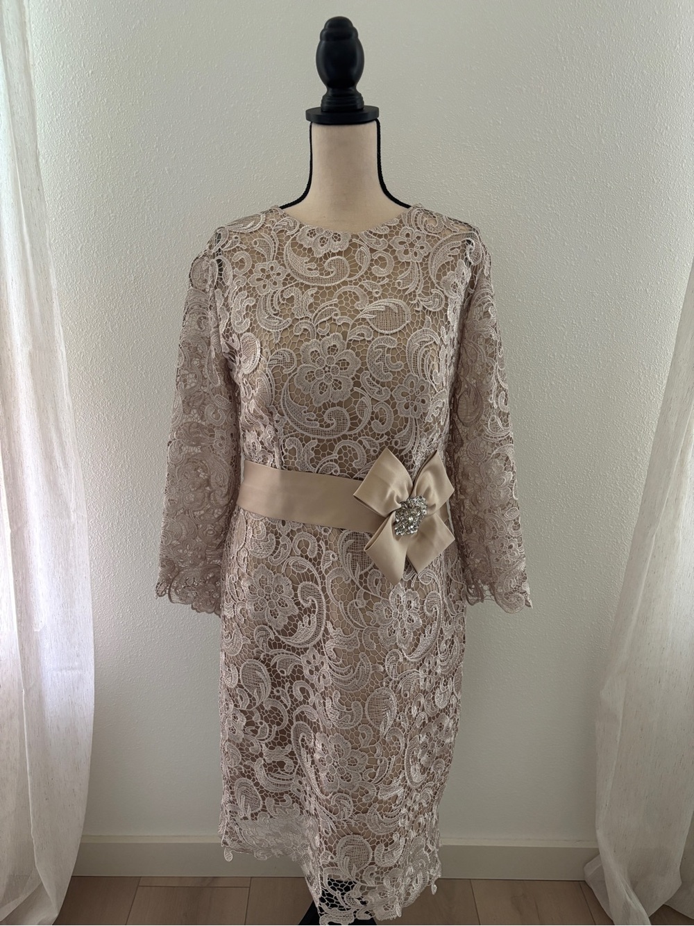 Lace Sheath Long-Sleeve Dress in Champagne
